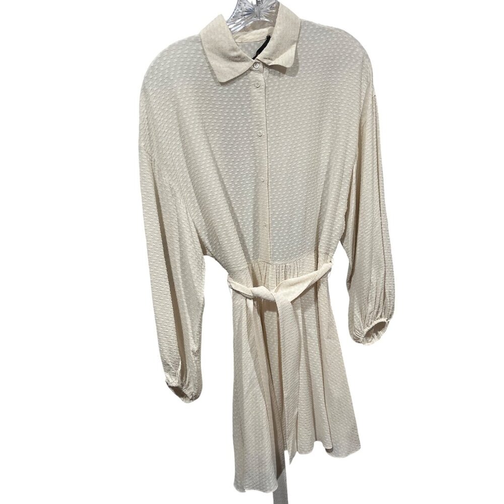 Maje Cream Textured Long-Sleeve Button-Down Dress With Belt Size 8-10 100% Visco
